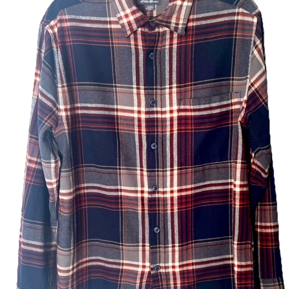 EDDIE BAUER Men's MEDIUM Multicolor Plaid Flannel LSlv Soft 100% Cotton Mint EUC